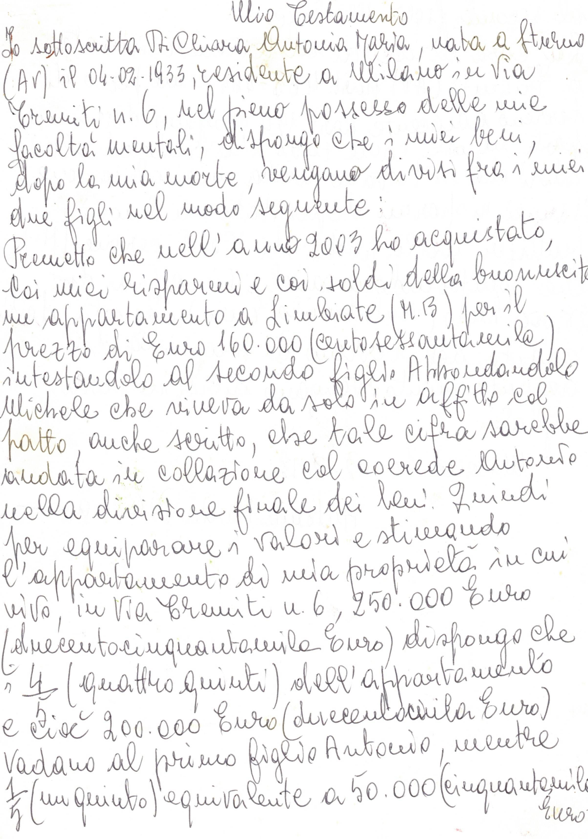 Publication du testament dAntonia Maria di Chiara Veuve Abbondandolo envers ses 2 fils Antonio Abbondandolo 1957 et Michele Abbondandolo 1962 en 300 domaines Internet.